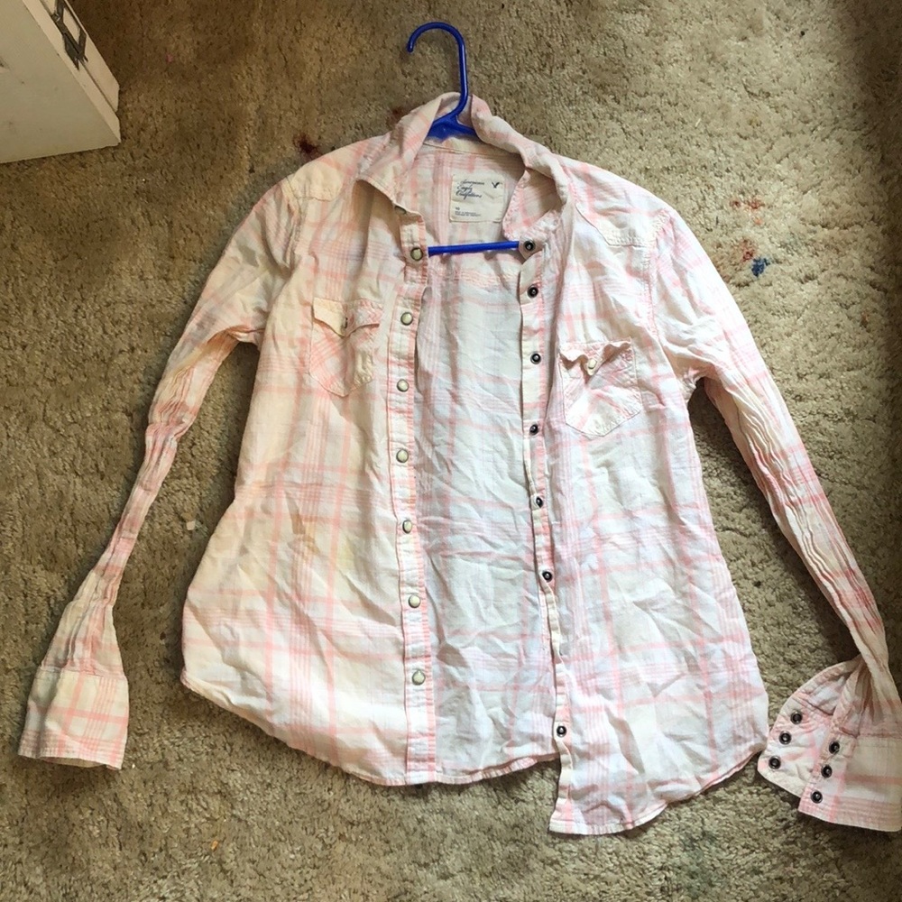 Pink and white plaid American eagle long sleeve